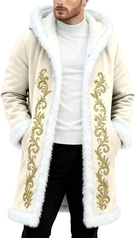 Winterlicher Cardigan mit bedruckten Kanten an der Vorderseite, offener Vorderseite und Cape-Elementen, ideal als Pullover-Layering. — Heizkleidung