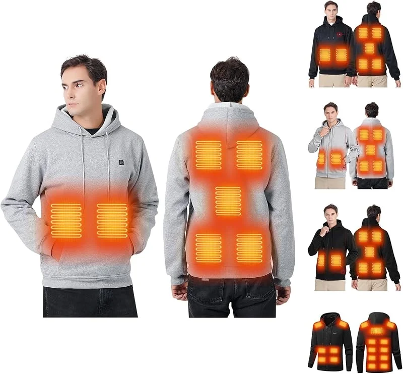 Beheizbarer Hoodie Herren Einstellbare Beheizbare Sweatjacke USB Winter Heizjacke mit 7, 17 Heizzonen Hoody Männer mit Kapuze Elektrische Beheizte Kapuzenpullover mit Reißverschluss Kapuzenjacke — Heizkleidung