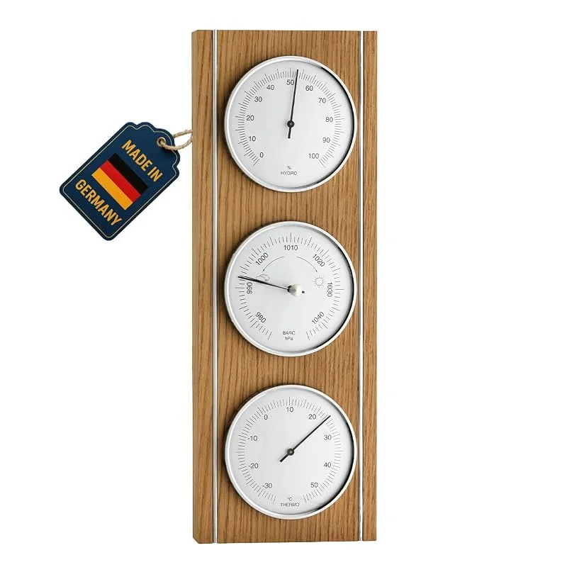 TFA Dostmann Analoge Wetterstation zur lokalen Wettervorhersage, 20.1091, aus Eiche, Barometer, Hygrometer, Thermometer, zur Raumtemperaturkontrolle, deutsches Familienunternehmen, aus Holz — Luftbefeuchter
