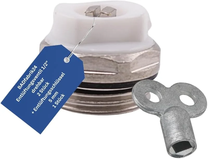 Entlüftungsventil 1, 2" drehbar, Messing vernickelt mit O-Ring + Entlüftungsschlüssel Vierkant 5 mm, Heizkörper Entlüfter Set (2), G1, 2 kompatibel, ausrichtbar, einfache Montage — Heizung Warmepumpe