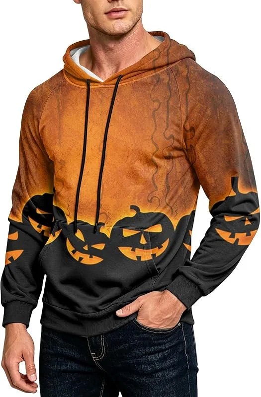 Herren Halloween Fake Two Piece Kapuzenpullover Kürbis 3D Print Hoodie Kängurutasche Kordelzug Gruselig Langarm Sweatshirt Übergangsjacke. — Heizkleidung