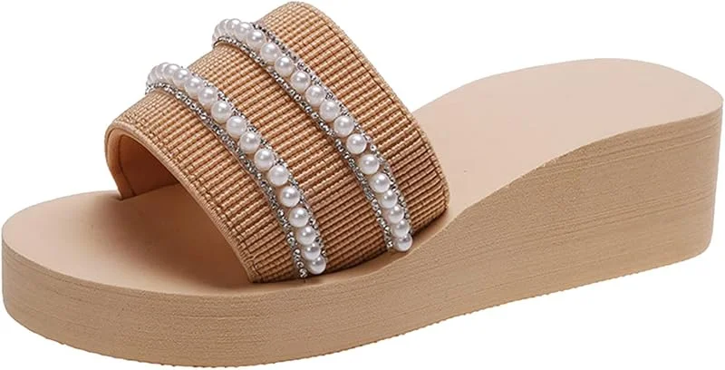 Damen Mode Strass Plüsch Decke Zehe Plattform Hausschuhe Keilabsatz Stiefel Sommer Braun — Heizkleidung