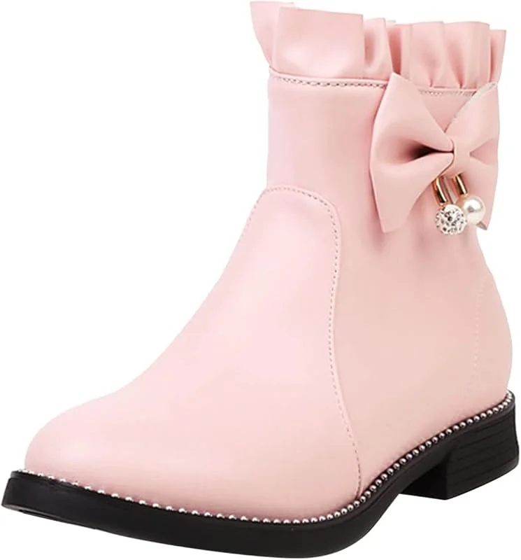Damen-Stiefel, modisch, kurz, Bogen, einfarbig, flach, runde Spitze, quadratischer Absatz, kurz, Leder — Heizkleidung