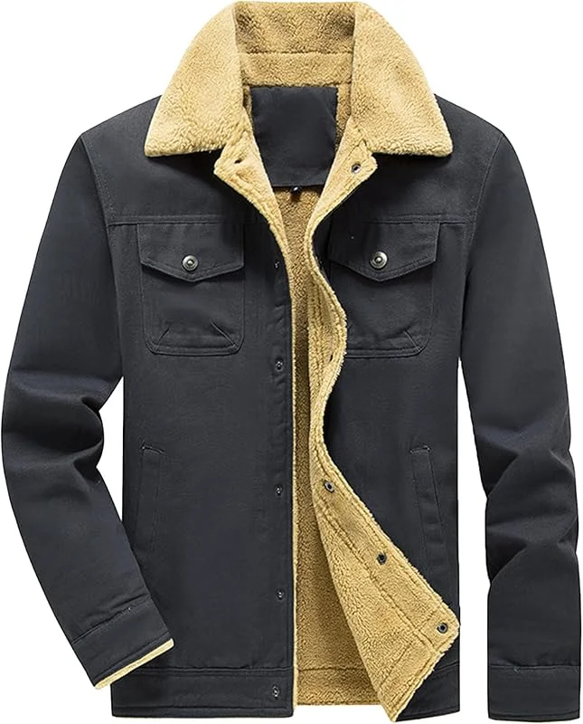 Baumwoll-Cargo-Jacke mit Knopfleiste für Männer Mehrtaschen-Bomberjacke mit Sherpa-Futter Warme Winter Casual gepolsterte Mäntel — Heizkleidung
