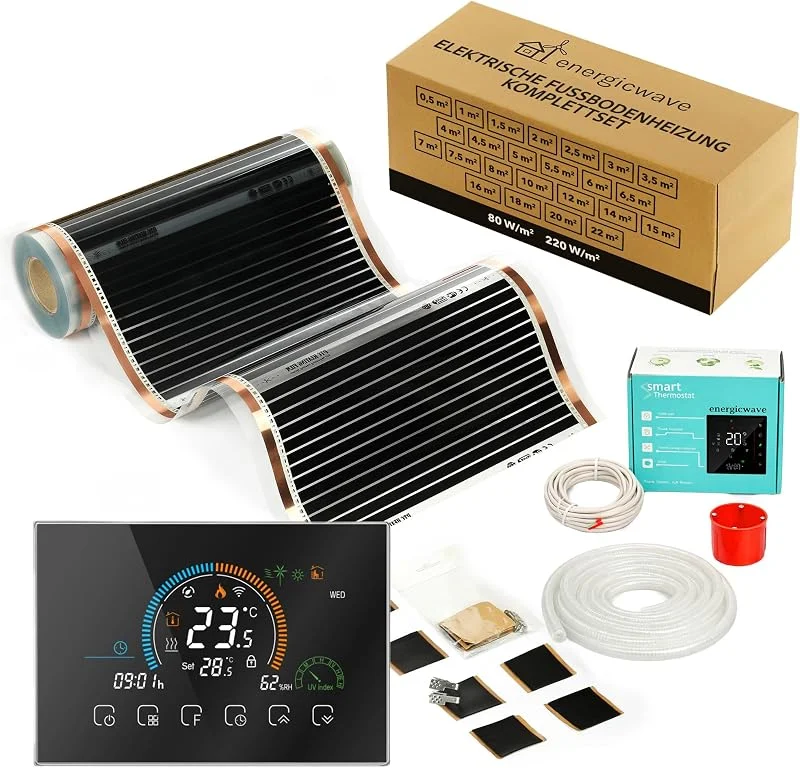 Elektrische Fußbodenheizung 80W, m² - Infrarot Heizfolie komplett mit WLAN Thermostat, Heizung 230V unter Parkett, Unterbodenplatten - 4, 5m² — Heizung Warmepumpe