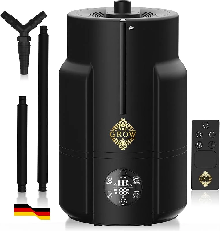 Nebel PRO Luftbefeuchter 6L für Growzelt und Growbox, Ultraschall-Luftbefeuchter mit Hygrostat 35–95%, 4 Nebelstufen, bis 450 ml, h, externer Sensor, Timer, Fernbedienung, Schlauch