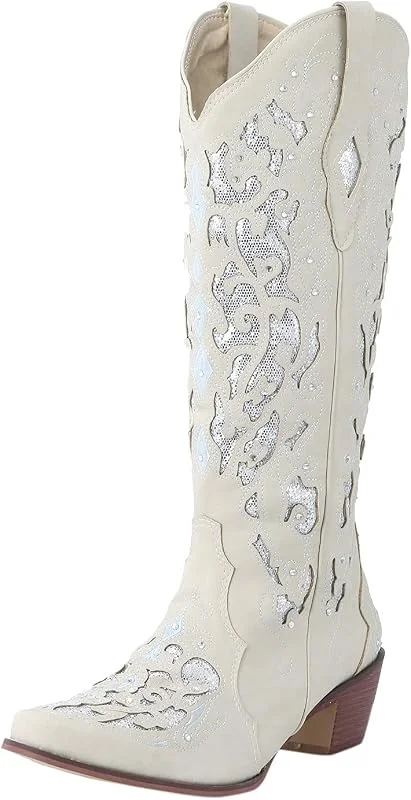 Rodeo Damen-Stiefel, niedrig, Chunky, hohe Western-Stiefel, bestickt, Knie, Nieten, Strass, Cowboy-Absatz, für Damen, Stiefel, Absatz — Heizkleidung