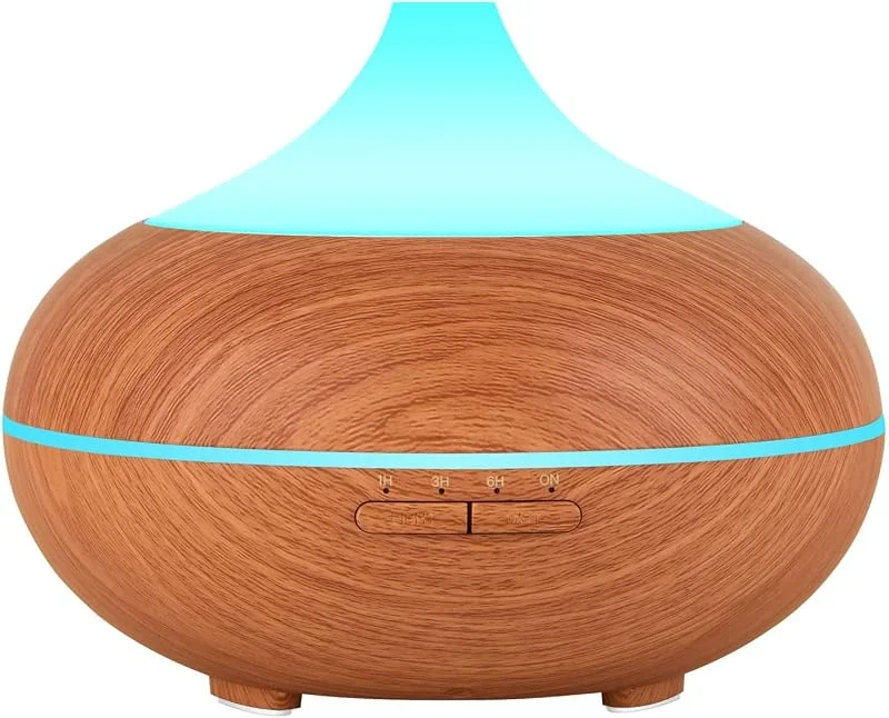 INF Luftbefeucher 500 ml, Ultraschall-Raumbefeuchter mit Aromalampe, 7 verschiedene LED-Farben, Aromadiffusor, Farbe hellbraun mit Holzmuster — Luftbefeuchter