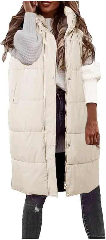 Damen Wintermantel Ärmellos Weste Langer Kapuzenpullover Warmer Daunenmantel Mit Taschen Outdoorjacke — Heizkleidung