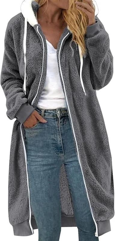 Generisch Lange Fleecejacke Damen Elegant Einfarbig Teddyjacke Hoodie Langarm Reißverschluss Teddy Übergangsjacke Winter Warm Kuscheljacke Mode Oversize Wintermantel mit Tasche — Heizkleidung