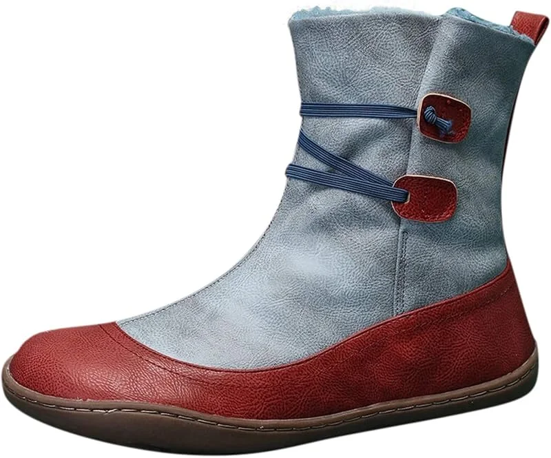 Stiefel Damenmode Flats rutschfeste Leder Schnürung Runde Zehen Freizeitschuhe Knöchel — Heizkleidung