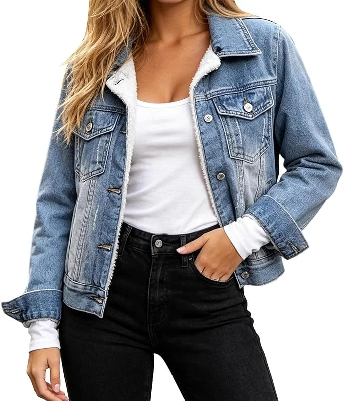Jeansjacke Damen Kurz Oversize Gefüttert Winterjacke Damen Warm Mit Fell — Heizkleidung