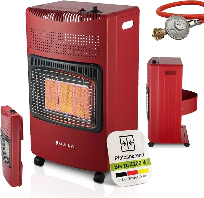 Juskys® Keramik Gasheizung GS42US in Rot - 4200 W mit Druckregler & Schlauch - Mobil & effizient - Gasheizer Gasheizofen Gasheizgerät — Heizung Warmepumpe