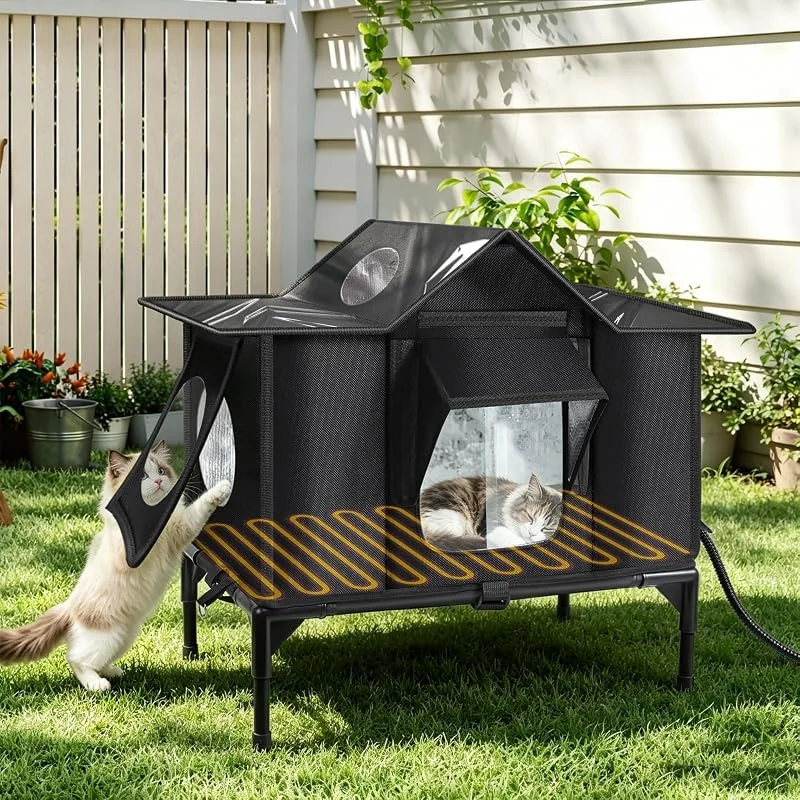 Beheiztes Katzenhaus für den Außenbereich, wetterfest, mit Heizkissen, isolierte Feral-Katzenhäuser für Katzen im Freien, sichere Fluchttür, beheiztes Katzenhaus für draußen, streunende Katzen — Heizung Warmepumpe
