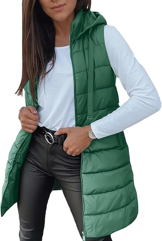 Generisch Longweste Damen Steppweste Mit Kapuze Daunenweste Ärmellos Übergangsjacke Elegant Leicht Winterjacke Warm Damen-Jacken Mit Taschen Reissverschluss Weste Einfarbig Stepp Wintermantel — Heizkleidung