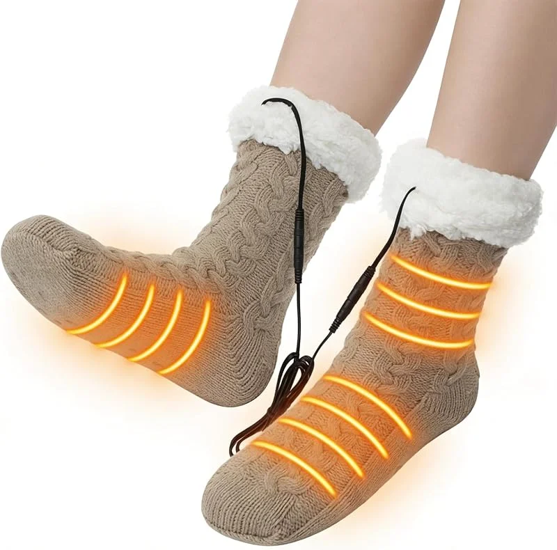 USB Beheizte Fleecesocken für Damen, Winter Warm Elektrisch Beheizte Thermosocken Fußwärmer, Fußheizkissen mit Anti-Rutsch-Greifern, Warm Fuzzy Sherpa Gefüttert — Heizung Warmepumpe