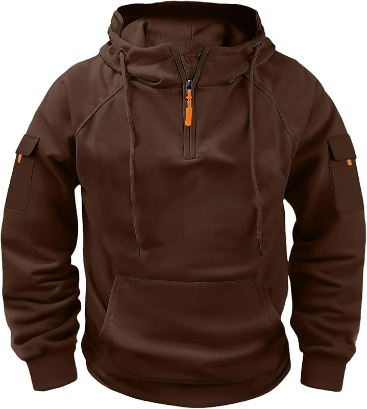 Generisch Herren Taktischer Halbzip Kapuzenpullover Outdoor Hoodie Ärmeltaschen Kängurutasche Reißverschluss Sport Sweatshirt Kapuze. — Heizkleidung