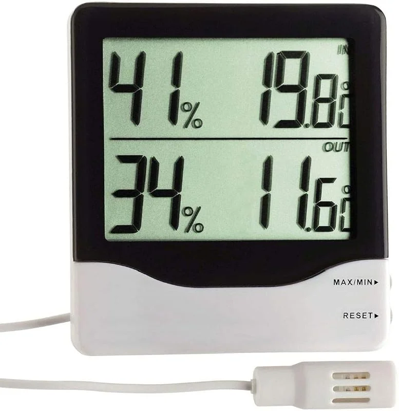 TFA Dostmann Digitales Thermo-Hygrometer für Raum- und Außenklima, 50.1013, Thermometer innen, Luftfeuchtigkeitsmessgerät, mit Kabelfühler, Außenwerte, schwarz-weiß — Luftbefeuchter