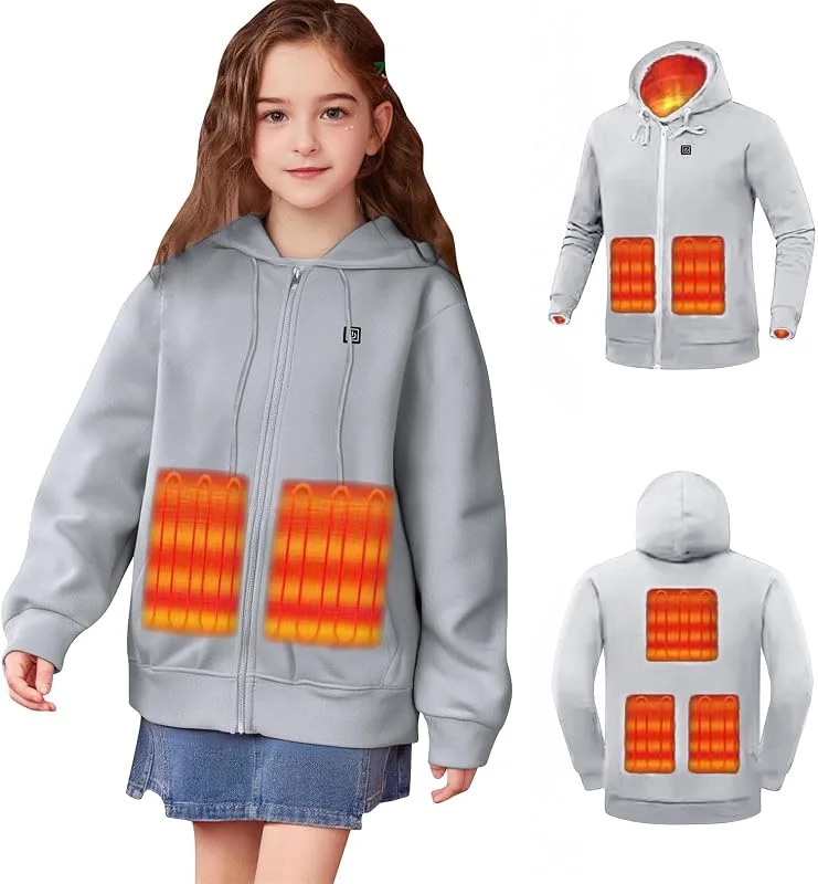 Battnot Kinder Beheizbare Hoodie, Warme Beheizte Pullover Heizjacke mit 3 Heizstufen, Kapuzenpullover Kinder Elektrische USB Beheizbarer Pullover für Jungen und Mädchen Mantel Beheizte Sweatshirt — Heizkleidung