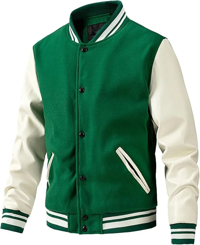 Herrenmode Varsity Jacke Lässige gesteppte Bomberjacke mit Lederärmeln College-Baseball-Jacke aus Wollmischung — Heizkleidung