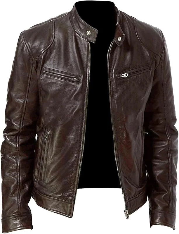 Generisch Lederjacke Herren Stehkragen Mit Reissverschluss Und Taschen Bikerjacke Männer Motorradjacke Slim Fit Kunstlederjacke Vintage Freizeit Lederblouson Übergangsjacke Pu Biker Leder Jacke — Heizkleidung