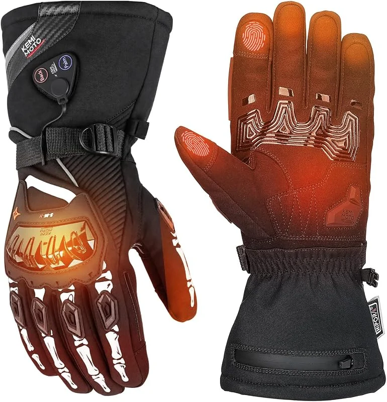 KEMIMOTO Beheizbare Motorradhandschuhe Winter, Beheizte Handschuhe Touchsreen, Magnetische Hybrid-Stromversorgung mit 3000mAh Akku, Elektrisch Thermohandschuhe für Motorradfahren, Skifahren, Roller — Heizkleidung
