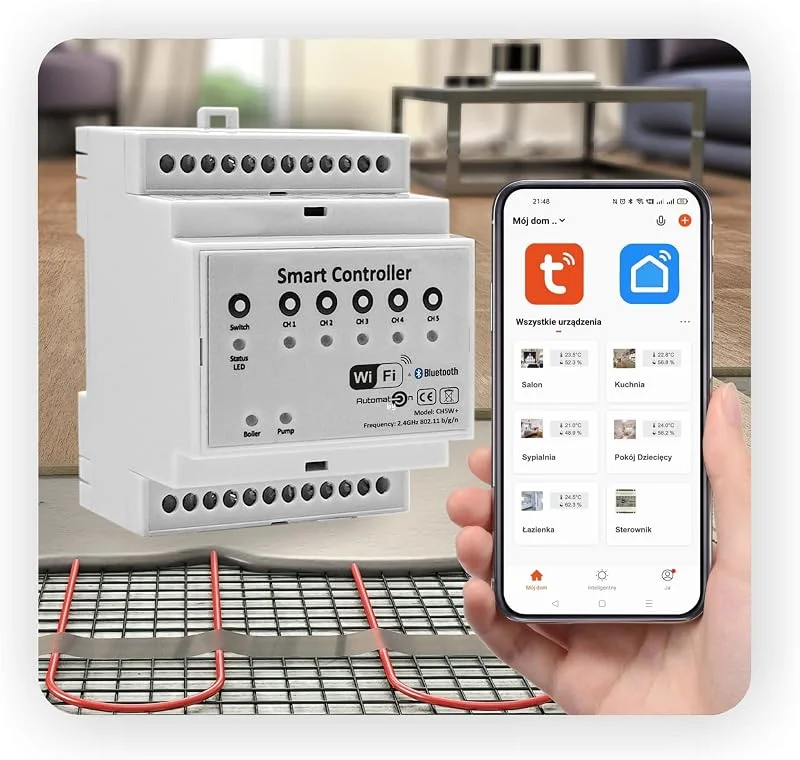Automat-on Fußbodenheizungscontroller 230V, Fussbodenheizung Steuerung WiFi für 5 Räume, Steuerung Fußbodenheizung mit Tuya, SmartLife oder ohne App, Kompatibel mit Alexa, Google Home — Heizung Warmepumpe