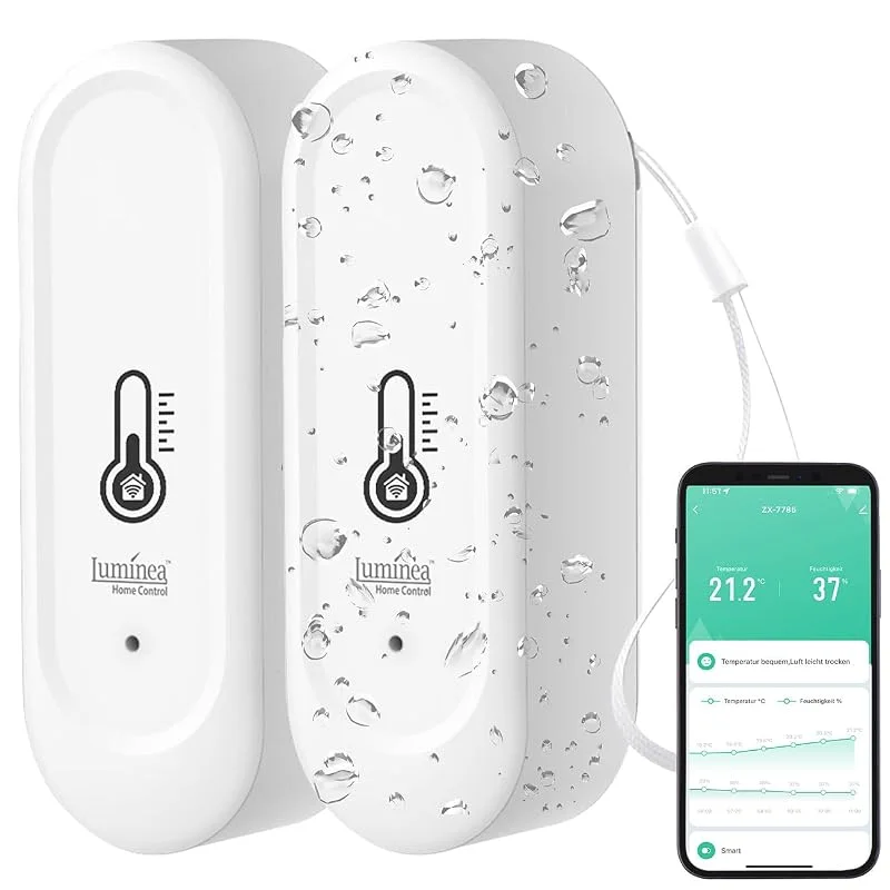 Luminea Home Control Sensor: 2er-Set WLAN-Außen- und Innen-Temperatur- und Luftfeuchtigkeitssensor (Thermometer digital Innen, Innenthermometer-Hygrometer, WC) — Luftbefeuchter