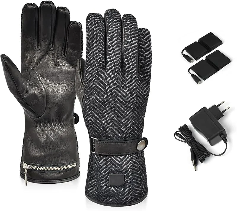 XOLARHEAT Hybrid-Heizhandschuhe aus Leder und Polyester – Warme Winterhandschuhe, 2 Heizstufen (4 Std., 2, 5 Std.) – Wiederaufladbare Batterien (7, 4 V), Doppelladegerät – Schwarz Composite-XXS — Heizkleidung