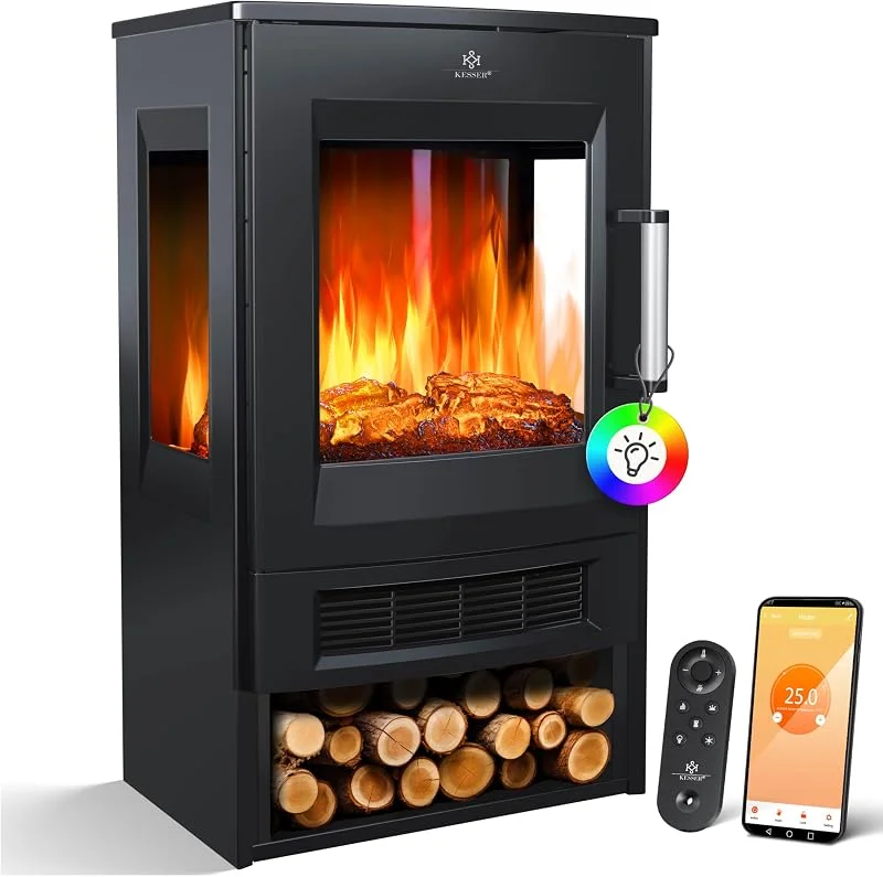 KESSER® Elektrokamin mit Heizung Panorama-Sichtfenster Heizlüfter 9 LED-Flammeneffekt Farbmodi Fernbedienung WiFi App 900, 1800W Kaminfeuer elektrisch mit Thermostat Heizfunktion Timer — Heizung Warmepumpe