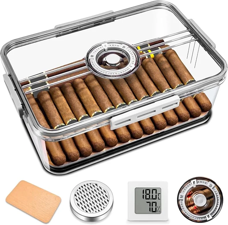 Acryl-Zigarren-Humidor Tupperdor, luftdicht mit spanischem Zedernpapier, Luftbefeuchter und Hygrometer, tragbarer Zigarren-Humidor, transparenter Zigarettenbehälter, für ca. 40–60 Zigarren (L) — Hautpflege