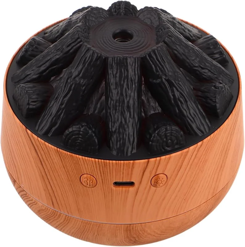 Kleiner Tisch Luftbefeuchter 300ml mit Holzmaserung und Flammen LED