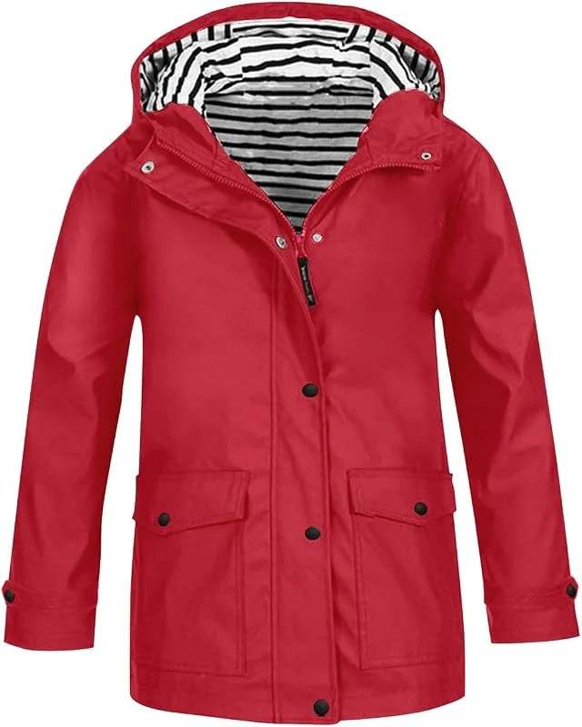 Gefütterte Regenjacke Mädchen Wasserdicht Regenmantel mit Gestreifte Kapuzen Winddicht Softshelljacke Reißverschluss Leichter Windbreaker Langarm Mantel Windjacke — Heizkleidung
