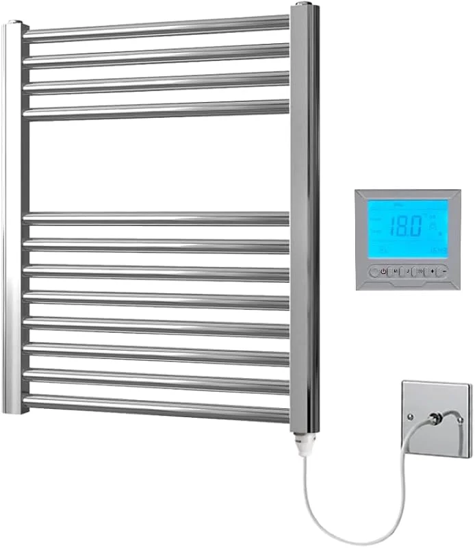 Elektrischer Handtuchhalter 500 breit x 600 hoch, flach, Chrom, mit 7-Tage-Programmierer, Raumthermostat — Heizung Warmepumpe