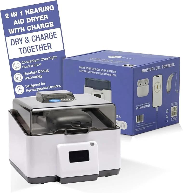 Redux Ultra Dry & Charge Hörgerätetrockner Luftentfeuchter mit hitzelosem Trocknen, Feuchtigkeitsentfernung, Ladeanschluss für wiederaufladbare Hörgeräte, Ohrhörer & kleine Elektronik, leiser — Luftbefeuchter