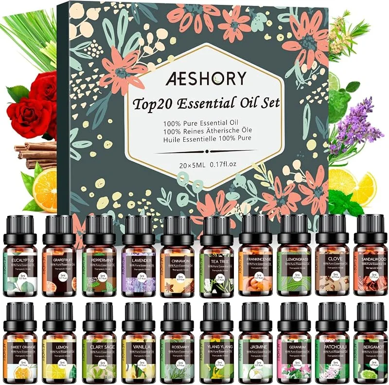 Aeshory Ätherische Öle für Diffuser, 20 x 5ml Naturrein Essential Oils Geschenkset Aromatherapie Aroma Öl Duftöle für Luftbefeuchter, Kerzenherstellung, Seifen, SPA, Massage
