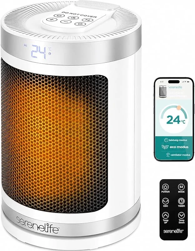 SereneLife Smart Heizlüfter 1500W PTC Keramik, Leise & Energiesparend, WiFi Thermostat, Fernbedienung, 70° Oszillation — Heizung Warmepumpe