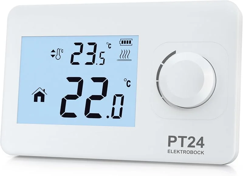 ELEKTROBOCK PT24 Raumthermostat mit LCD Display, Wandthermostat für alle Kesselarten geeignet, Batteriebetrieb (2X AAA), Keine Programmierung notwendig, Frostschutz & Fenster-offen-Funktion — Heizung Warmepumpe