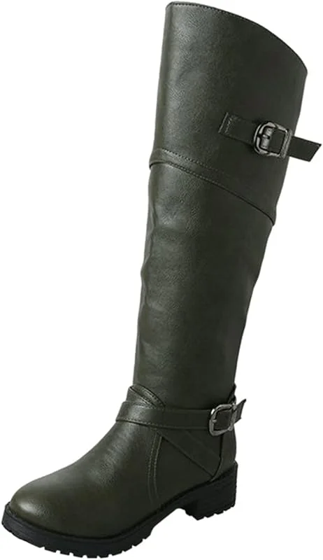 Stiefel Damen Leder High Heel Mittlerer Absatz Retro Schnalle Reiter Stiefel Lange Stiefel Schuhe — Heizkleidung
