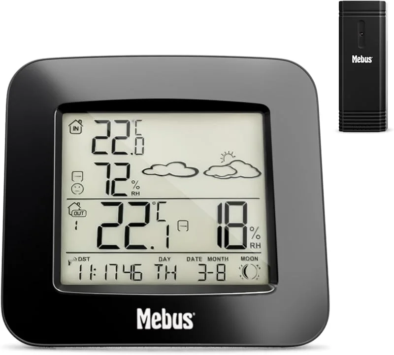 Mebus Funk-Wetterstation mit Außensensor Thermometer Hygrometer Wettervorhersage Mondphasen Wettertrend, Alarm mit Weckwiederholung, Kalender, Material: Kunststoff, Farbe: Schwarz, Modell: 40715 — Luftbefeuchter