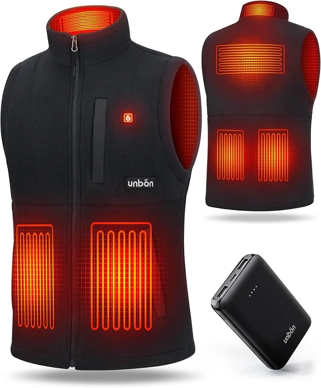 UNBON Heizweste Herren Damen, Beheizbare Weste Herren Damen mit Powerbank USB 10000mAh, Heizweste Wärmeweste Fleece mit Akku, Beheizte Weste mit 3 Temperaturen 6 Heizzone, Beheizbare Jacke — Heizkleidung