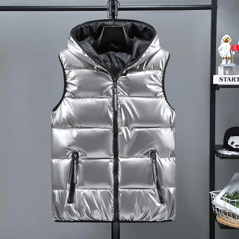 Leichte Steppweste Herren, Herren Kapuzen-Steppweste Vintage Classic Silver Winter Body Warmer Ärmellose Warme Übergangsjacke Outdoor-Softshell-Jacken Für Den Sport — Heizkleidung