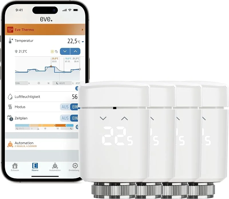 Eve Thermo (Matter) 4er Pack: Smartes Heizkörperthermostat, LED-Display mit Touch-Bedienfeld, Heizkosten sparen, Apple Home, Amazon Alexa, Samsung SmartThings, Google Home, Ben. Thread Border Router — Heizung Warmepumpe