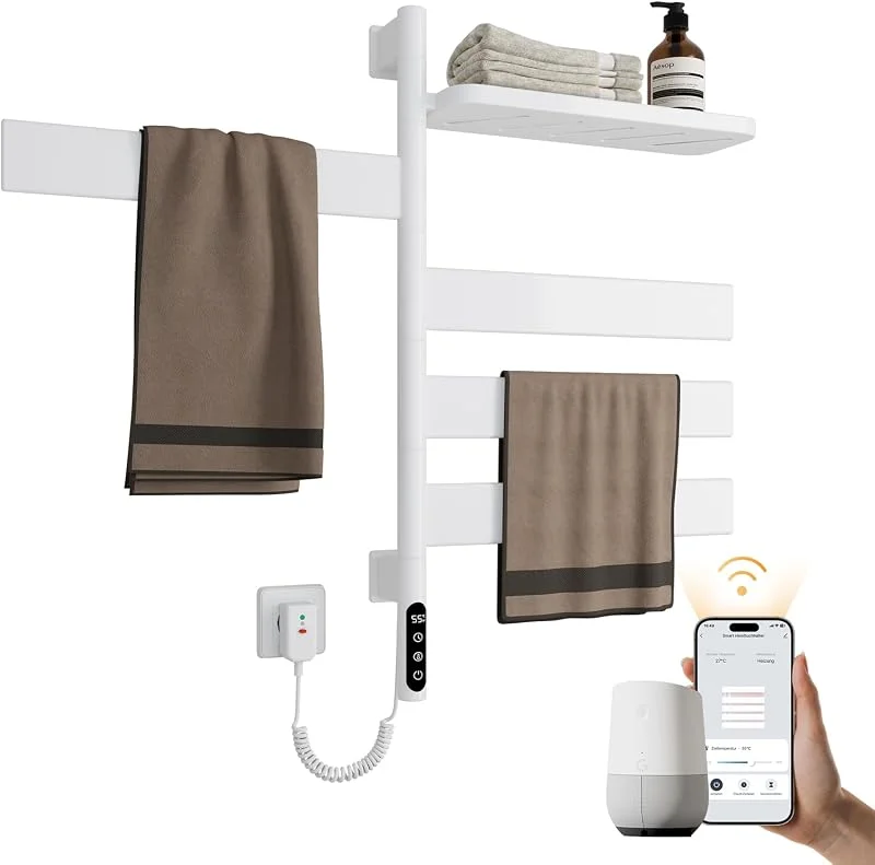 EMKE Handtuchheizkörper Elektrisch, 180° Drehung Badheizkörper Elektrisch mit Lagerregal, Wifi Smart Elektrischer Handtuchtrockner, Handtuchwärmer Handtuchhalter Elektrisch 120W Weiß — Heizung Warmepumpe