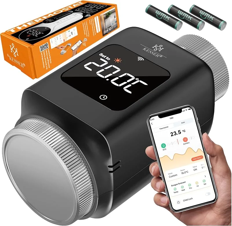 KESSER® Heizkörperthermostat WiFi Heizungsregler, Heizungsthermostat WLAN mit Smart Home App Steuerung, Thermostat Alexa, Google Assistant mit 6 Heizkörperventilen, Energie & Kosten sparen — Heizung Warmepumpe