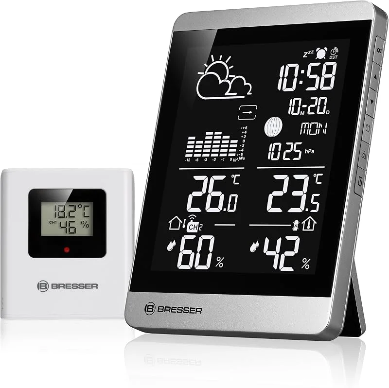 Bresser Funk-Wetterstation ClimateTemp NDV-NEO mit Außensensor, Temperatur- und Luftfeuchtigkeitsanzeige, Wettervorhersage, Frostwarnung, Hochkant, silber, schwarz — Luftbefeuchter