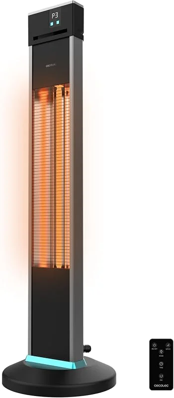 Cecotec Elektrischer Außenheizlüfter in Turmform ReadyWarm 2000 Power Tower, 2000 W mit 3 Leistungsstufen, Halogen-Technologie, Schutzart IP34, Fernbedienung und Display, Abdeckungsbereich 10 m — Heizung Warmepumpe