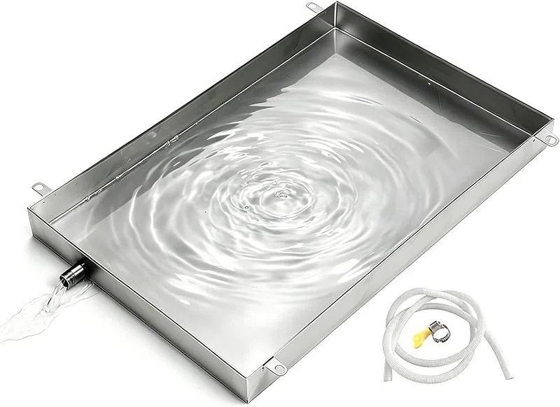 Generisch Kondenswasserauffangwanne mit Ablaufschlauch für Klimaanlagen, auslaufsicherer Edelstahl 304 für Split-Systeme und Wärmepumpen, Robustes Design, 10 Jahre Lebensdauer, 90 x 50 x 3 cm — Heizung Warmepumpe